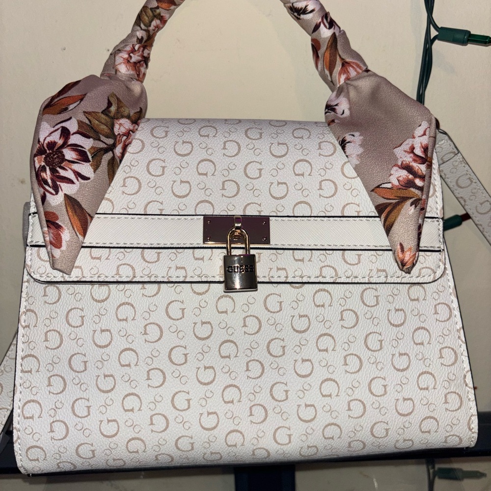 Elegant White Monogram Top-Handle Bag with Floral Scarf